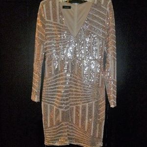 Sexy V-Neck Sparkly Rose Gold Dress, Small
